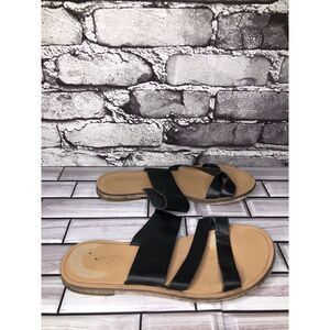 Hotic Black Leather Casual Slides Flat Strap Sandals Women Sz 36EU/6M US